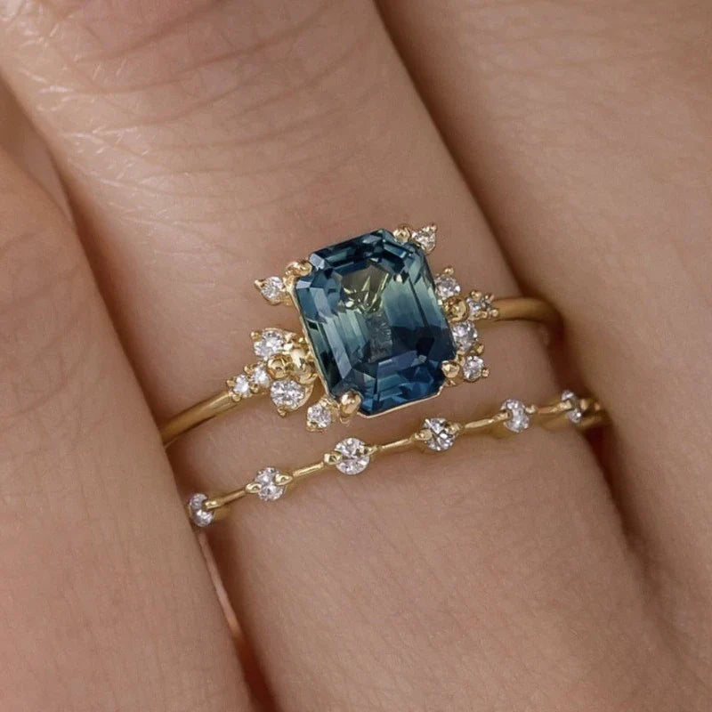 Kristalblauwe glanzende ringenset | Goud