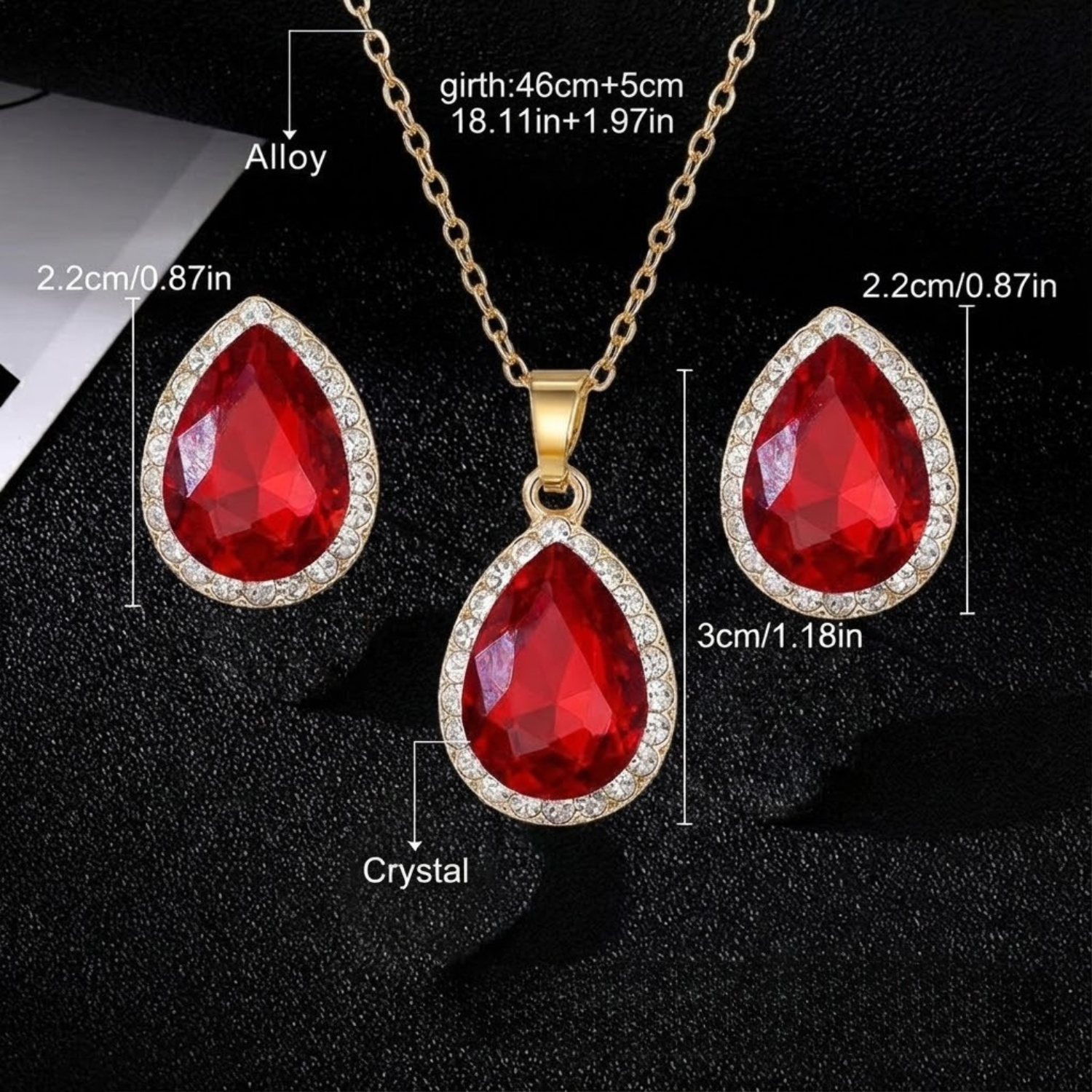 Retro rode zirkonia sieradenset in waterdruppelvorm